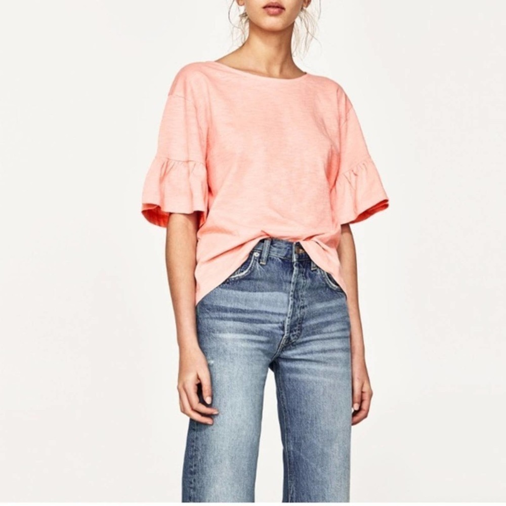Zara Trafaluc blush Pink Ruffle Sleeve Shirt MED - Picture 1 of 10